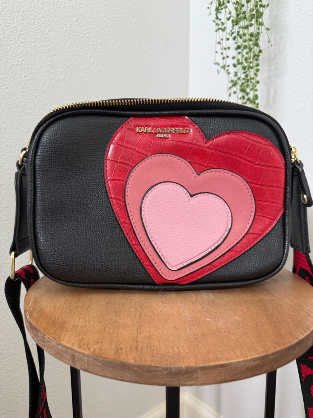 Karl Lagerfeld Black Crossbody with Red and Pink Heart Appliqués